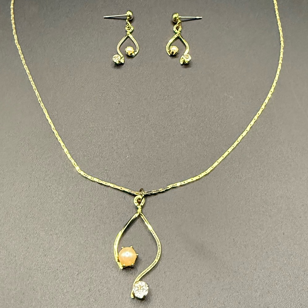 Elegant Gold Tone Necklace and Earring Set - with Faux Pearl/Rhinestone Accents